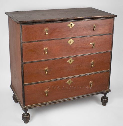 Blanket Chest, Ball Foot, Old Red Paint, Black Molding
New England
Circa 1710 to 1730, entire view